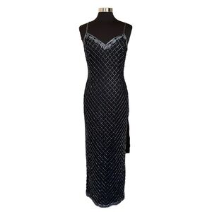 Vintage Silk Black Sequins Floor Length Gown Maxi Dress Size 10